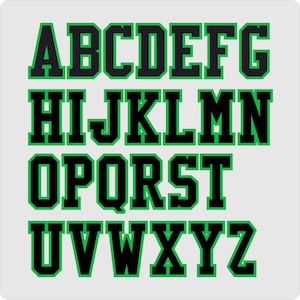 May include: A full alphabet in a bold, collegiate style font. Each letter is black with a green outline, set against a light grey background. The letters are arranged in rows, displaying the full range from A to Z.