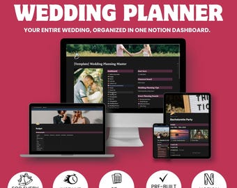 Modello per l'organizzazione di matrimoni su Notion / Organizzatore digitale completo per matrimoni con monitoraggio del budget, lista degli invitati, cronologia e lista di controllo.