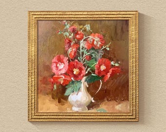Hand-painted Flower Oil Painting, Pink and Red Peonies, Still Life Painting, Bedroom Wall Decoration