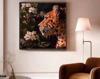 May include: A framed artwork featuring a detailed painting of a leopard's profile, with a focus on its spotted fur and facial features. The leopard is set against a backdrop of lush greenery, including white flowers and red berries, creating a contrast of colors and textures.