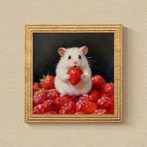 May include: A framed oil painting depicting a small white hamster holding a bright red strawberry. The hamster is positioned in the center, surrounded by a cluster of red strawberries against a dark background, all encased in a gold frame.