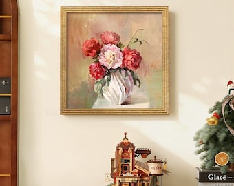 Hand-painted Flower Oil Painting, Pink and Red Peonies, Still Life Painting, Bedroom Wall Decoration