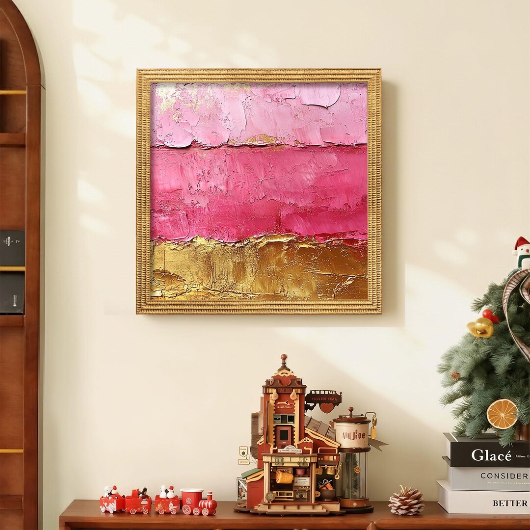 Original Abstract Gold Leaf Oil Painting - A Clash of Pink and Gold ...