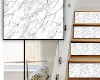 White Marble Removable Stair Riser Decals, Vintage Stone and Ceramic Patterns, Peel and Stick Vinyl Strips - HD96