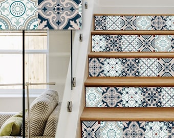 Modern Stair Riser Decals, Removable Stair Riser Mix Blue Tile Decals, Peel and Stick Vinyl Strips - HD61 Blue