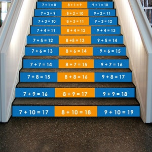 Decor wiskundeschool, toevoegingen wiskundefeiten, wiskundestickers voor trappen, trapborden voor school, trapsticker schooldecor