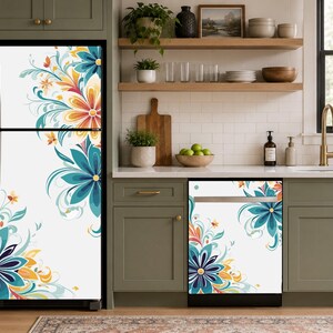May include: A white refrigerator and dishwasher cover set featuring a vibrant floral pattern with large stylized flowers in shades of teal, dark blue, orange, and yellow, accented by swirling leafy vines and delicate botanical flourishes.