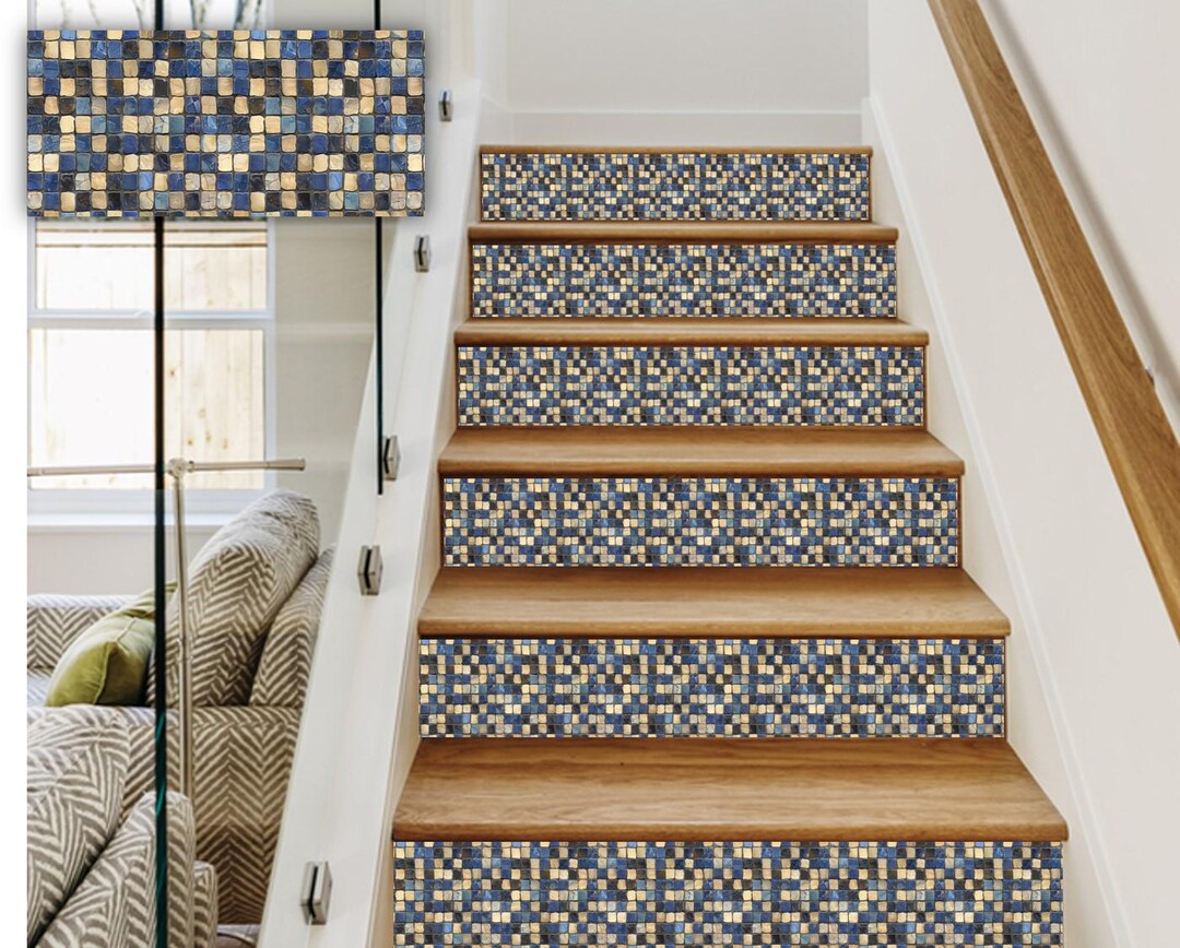 Mosaic Tile Riser Rustic Seamless Mosaic Removable Stair Riser Decals, Vintage Stone and ...