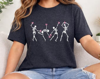 Dancing Skeletons Breast Cancer Shirt, Skeletons Pink Ribbon Cancer Shirt, Halloween Breast Cancer Shirt, Breast Cancer Month Shirt, Cancer