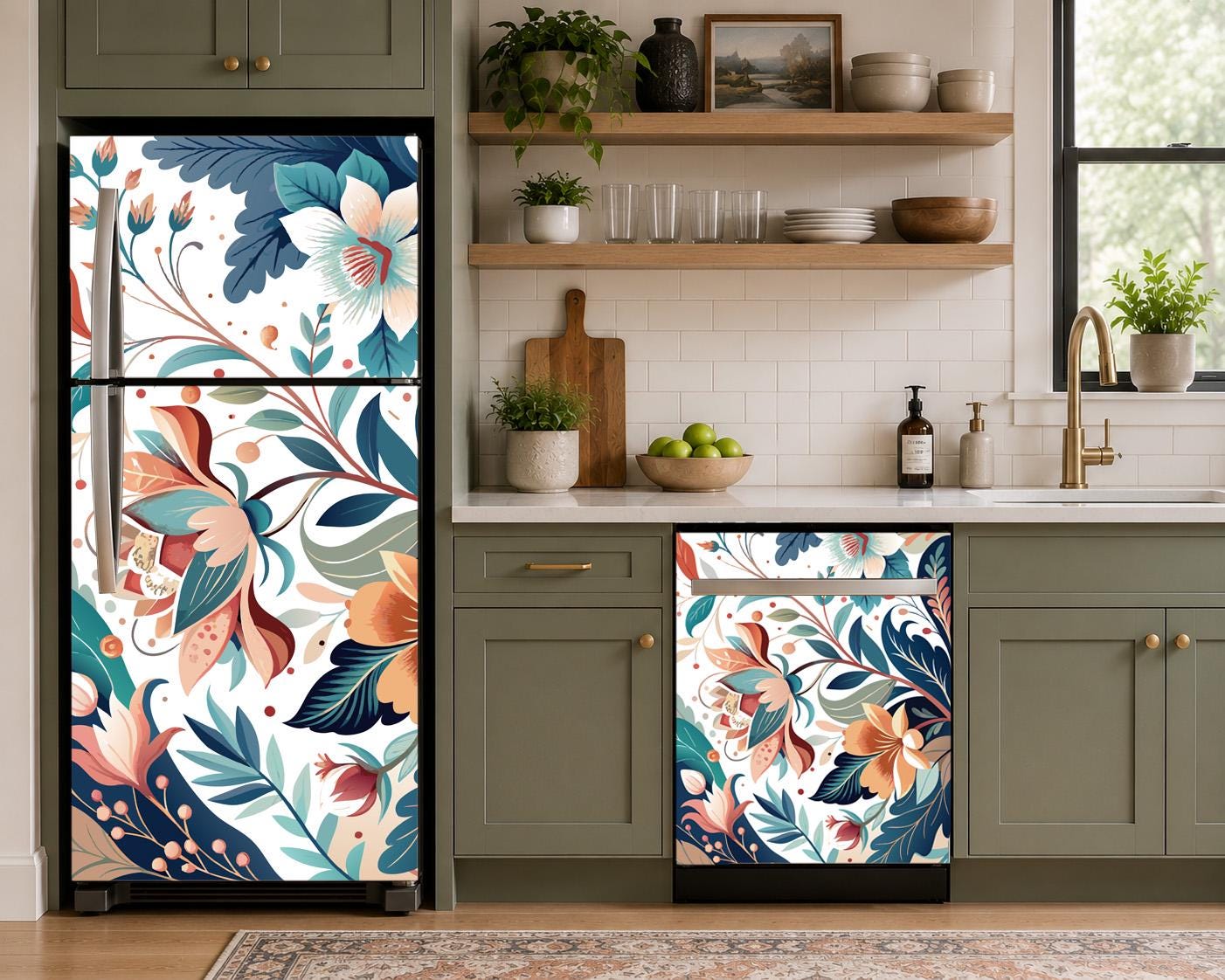 Fridge Wrap Vintage Floral Refrigerator Wrap Vinyl Side by Side Retro ...