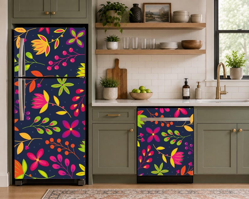 Fridge Wrap Vintage Floral Refrigerator Wrap Vinyl Side by Side Retro ...
