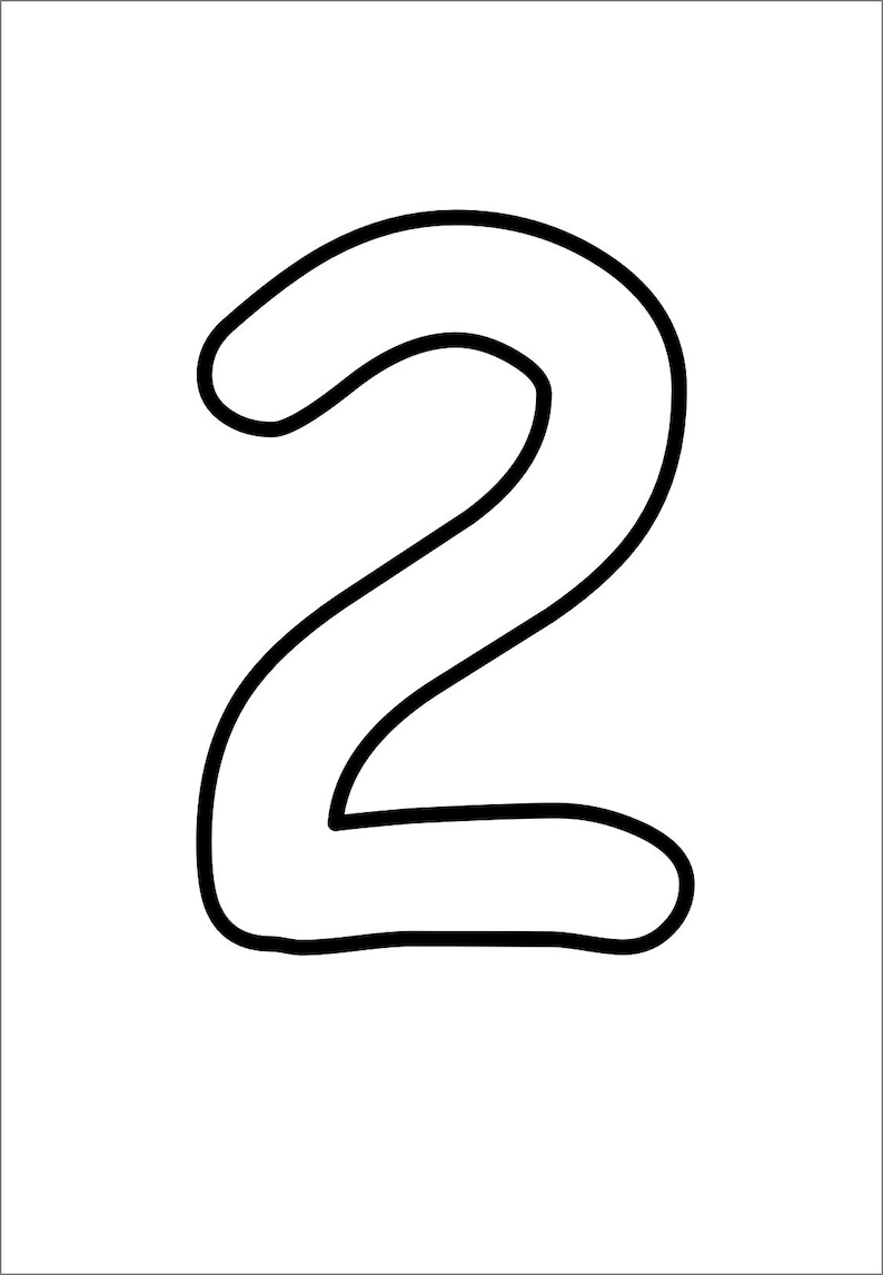 Pode incluir: Um contorno preto e branco do n&uacute;mero dois. O n&uacute;mero &eacute; desenhado em uma fonte grossa e arredondada.