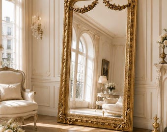 Baroque Gold Leaf Full Length Mirror, Ornate Crest Top