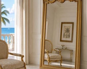 Handmade French Style Trumeau Mirror: Carved Wood, Gold Leaf, 90"