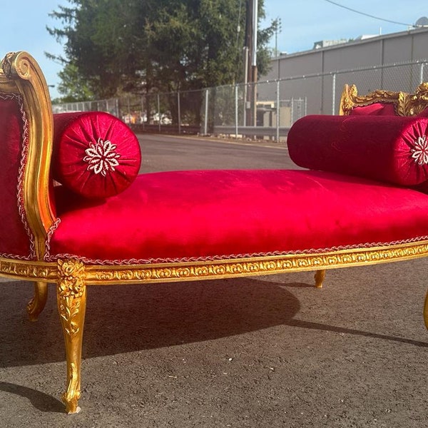 French Rococo Style Bench Louis VX Settee Antique Look Vintage Interior Design Gold Leaf Decorative Furniture Loveseat Sofa Couch