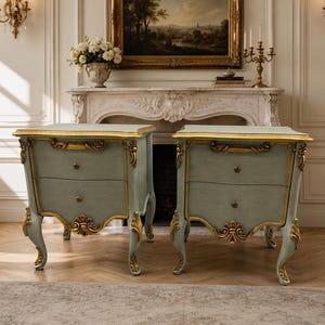 May include: A pair of matching bedside tables featuring a light sage green finish with ornate gold-toned carved detailing. Each table has two drawers with small round knobs, curved cabriole legs, and decorative gold accents on the edges and base.