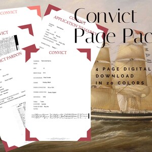 Puede incluir: Un paquete de descarga digital de cuatro páginas imprimibles de registros de convictos. Las páginas son de estilo vintage y presentan texto como "Convict Pardon" y "Application to Marry". Las páginas se muestran sobre un fondo de un barco navegando en el océano.