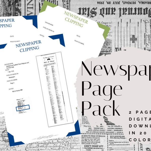 Newspaper Page Pack - Printable (Digital Download) Family History Pages Templates