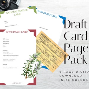 May include: A digital download pack of six printable draft cards in 20 colors. The cards are designed to look like historical military documents. The text on the cards reads "National Service Card", "WWII Draft Card", and "WWI Draft Card".