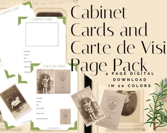 Cabinet Cards and Carte de Visite Page Pack - Printable (Digital Download) Family History Pages Templates