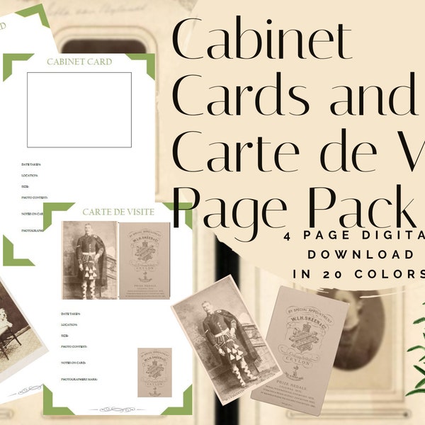 Cabinet Cards and Carte de Visite Page Pack - Printable (Digital Download) Family History Pages Templates