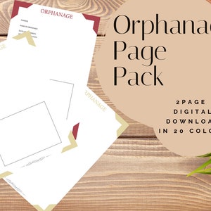 Puede incluir: Dos páginas imprimibles con la palabra "Orphanage" en la parte superior. Las páginas están diseñadas para ser utilizadas como un diario o un planificador. El texto "2 Page Digital Download in 20 Colors" también es visible.
