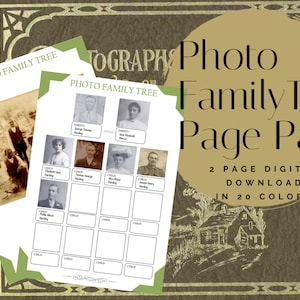 May include: Two printable photo family tree templates with a vintage aesthetic. The templates have spaces for photos and names. The text on the page reads "Photo Family Tree Page Pack, 2 Page Digital Download in 20 Colors".