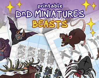 DnD PRINTABLE MINIATURES, DnD Minis, Dungeons and Dragons, ttrpg DIY game supplies, animal and monster art, Custom DnD mini beast forms