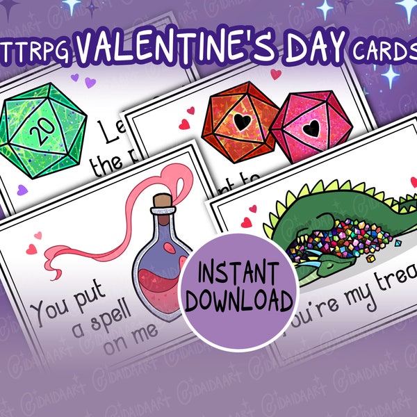 Printable DND Valentines Cards, TTRPG Love cards, Valentine gift ideas for nerds, Funny Greeting card, DIY Invitation, Set of 4, Blank Cards