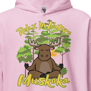Personalize Me! Muskoka Ontario - Relax In Nature Yoga Cartoon Moose - Quality Unisex Hoodie - Gift Ideas - Huntsville Bracebridge