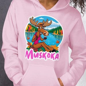 Personalize It! Muskoka Ontario - Cute Cartoon Mama Moose Drinking Wine By The Lake - Quality Warm Unisex Hoodie - Custom Gift Ideas Stylish