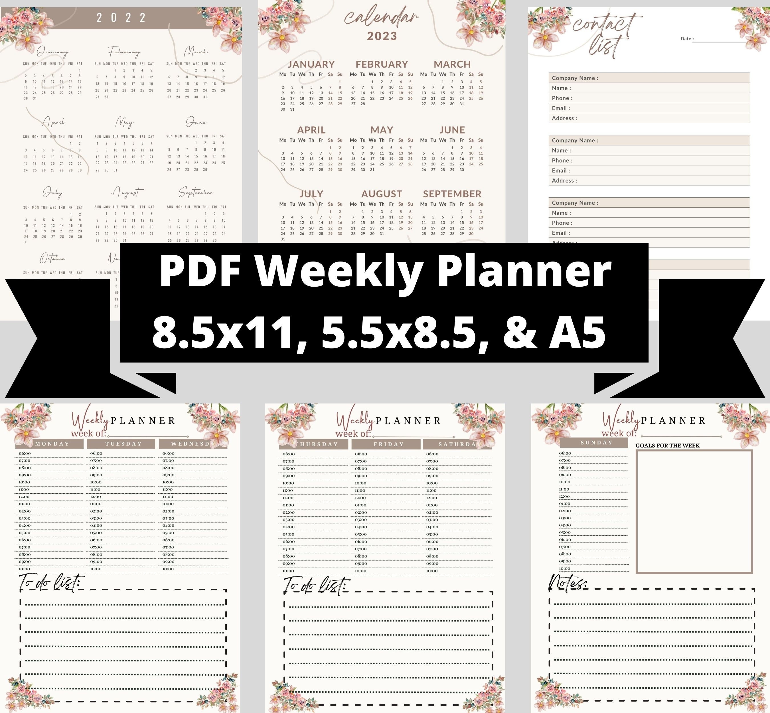 A5 Floral Weekly Planners, Printable Planners, Pdf Planners, Planner ...