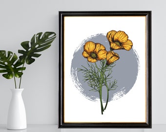 Flower Wall Art, Gold Flower Printable Wall art,  Floral printable