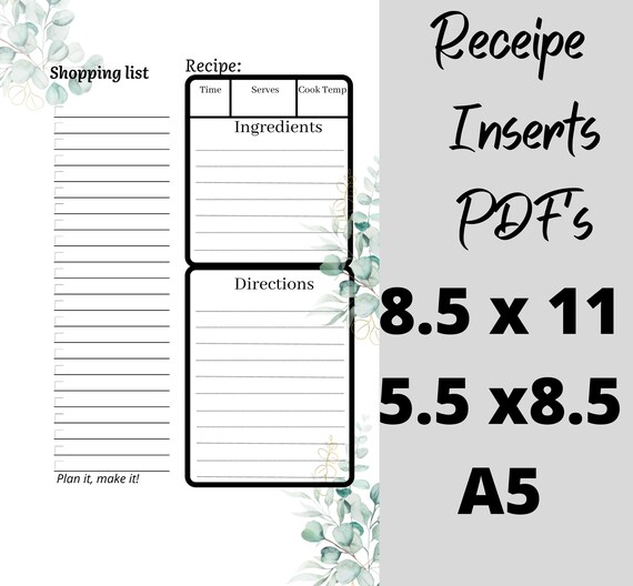 Printable Recipe Inserts PDF Planner Recipe Personal Planner - Etsy