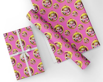 Personalised Mario inspired Peach Birthday Gift Wrapping Paper, all sizes available Personalise with age and name