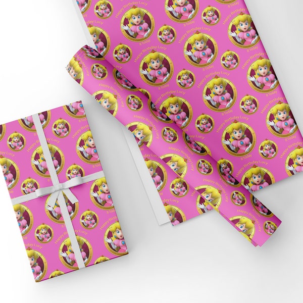 Personalised Mario inspired Peach Birthday Gift Wrapping Paper, all sizes available Personalise with age and name