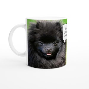 Pomeranian Dog Black Personalised With Your Message in speech bubble. Ceramic Mug
