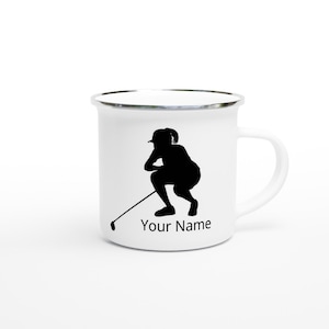 Female Golfer With your name personalsied White 12oz Enamel Mug