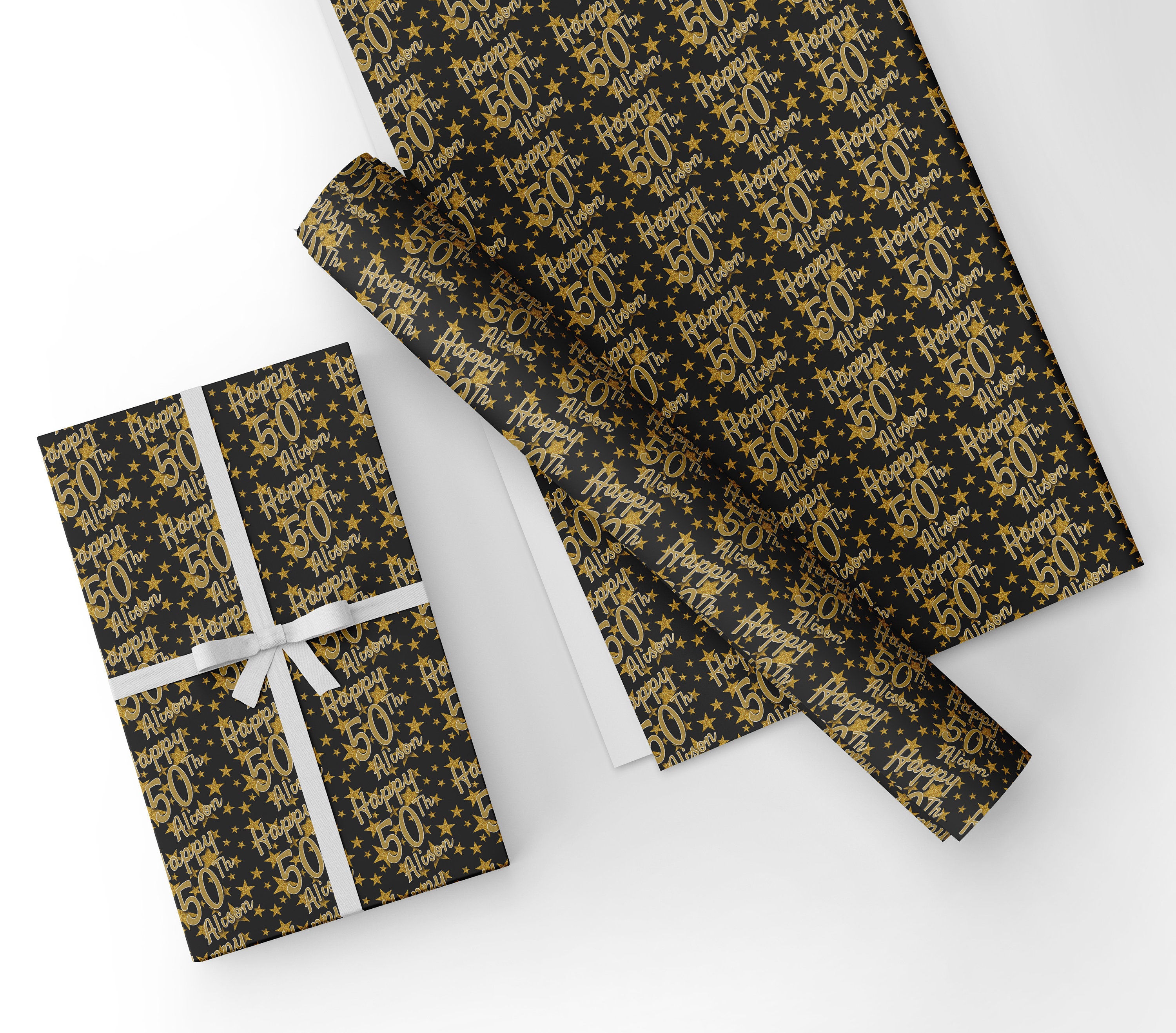 50th Birthday Personalised Black Gold Colour Gift Wrapping Paper