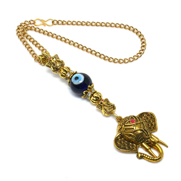 Divine  OM n Lucky Elephant Head Pendant Evil Eye Protection Car Rear Mirror Hanging | Ganesha Obstacles Protection Hanging | Namaste Gift
