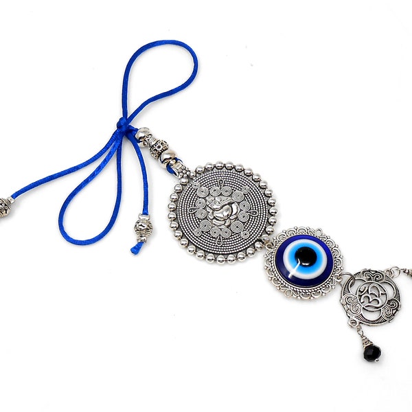 Ganesha | OM | Evil Eye Protection | Antique Silver | Car Rearview Mirror Ornament |Good Luck |Happiness |Good Fortune |Success |Prosperity