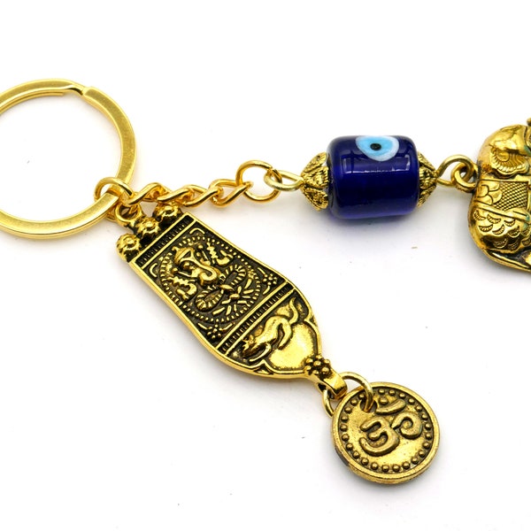 Evil Eye Protection Ganesha & OM with Lucky Elephant Charm Key Ring for Happiness, Good Fortune/Luck,Prosperity,Success, Positive Vibrations