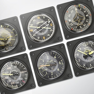 Aviation decor coasters replicas of cockpit flight instruments, six vintage aircraft dials for man-cave dad pilot aircraft geek smart gift