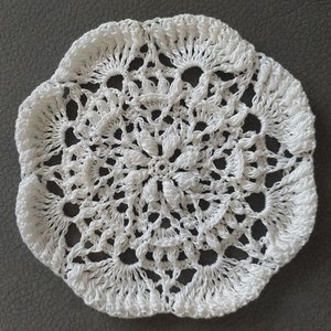 May include: A white crocheted doily with a delicate floral pattern.