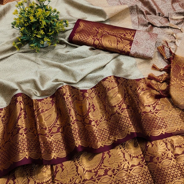 Kanchipuram Saree Silk Saree Soft Lichi Silk Jacquard Work sari for women Traditional party wear Sari blouse.