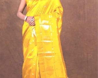 Munga Banarasi silk saree yellow color with zari  weaving work Banarasi  borders |party& wedding wear saree with Blouse piece, saree USA