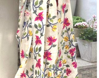 Pure cotton Tantuza saree off white  in multicolor floral design and with  blouse piece,, party & summer wear saree,Boishak saree.