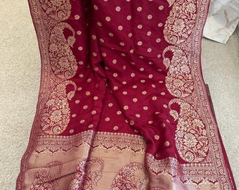 Munga  crepe  Silk Saree with Banarasi borders and blouse piece || Red Moonga silk saree || party & wedding wear saree|| Sarees USA