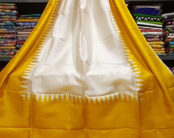 Bishnupuri pure silk saree Temple bordered with Blouse piece, off white  hand Block printed 3 ply pure silk, silk mark certified, sare USA