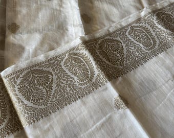 Handwoven pure Matka silk saree, Banarasi borders, all over Butta, off white saree, Festive & wedding wear